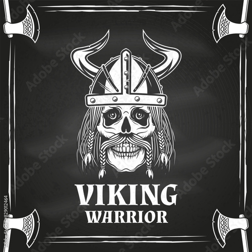 Viking warrior logo, badge, sticker on the chalkboard. Vector illustration. For emblems, labels and patch. Monochrome style viking in helmet.