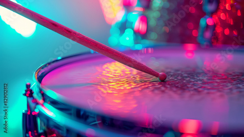 Close-up of drumstick hitting a drum with vibrant neon lighting