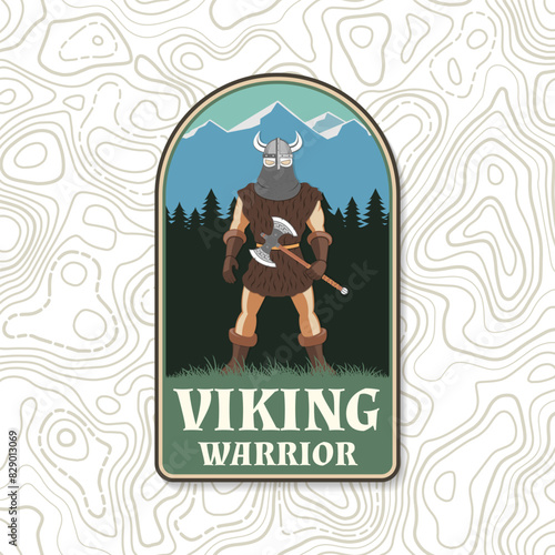 Viking warrior logo, badge, sticker. Vector illustration. For emblems, labels. Patch design heraldic shield with a viking in helmet with battle Double Axe