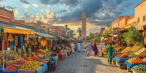 Vibrant Sunset Market in Marrakech, generative ai photo