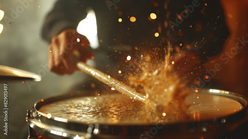 A drummer hitting a drum with water splashing, dramatic lighting