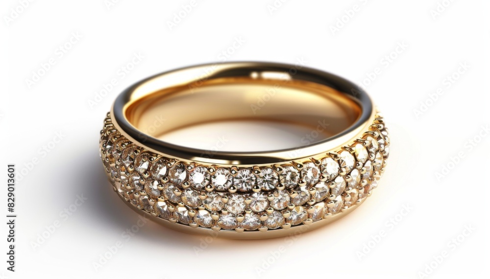 Golden ring with diamonds on white background. Jewelry luxurious accessory Golden ring with diamonds on white background. Jewelry luxurious accessory