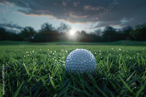 A golf ball resting on a vibrant green field. Suitable for sports or leisure concepts