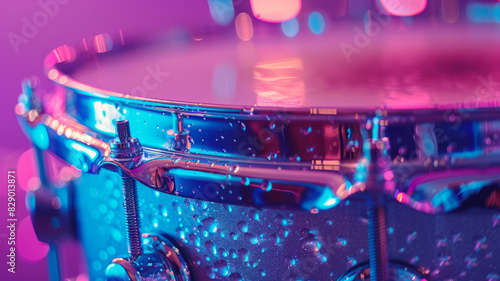 Close-up of a drum with colorful neon lighting and bokeh effects. photo