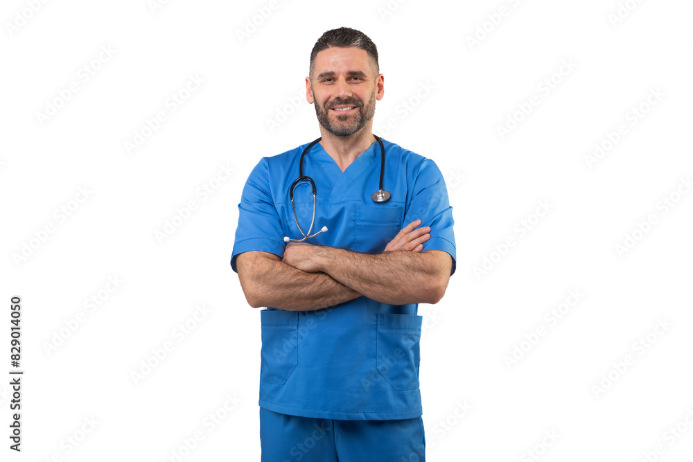 A man doctor in blue scrubs and a stethoscope around his neck stands with crossed arms in a professional pose. He exudes confidence and expertise in a medical setting. A man doctor in blue scrubs and a stethoscope around his neck stands with crossed arms in a professional pose. He exudes confidence and expertise in a medical setting.