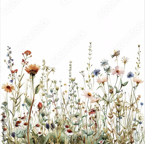Meadow flowers and grass are painted in watercolor, in the center there is an empty white background