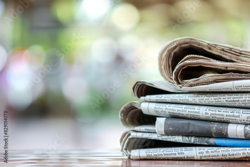 Stack of various newspapers on table for latest news headlines and current events coverage photo