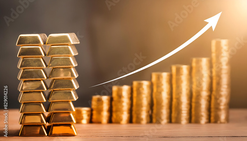 Rise in gold prices. Gold rising chart. Gold bars with a upward arrow