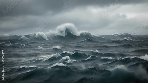 The turbulent ocean roars as a monstrous rogue wave appears on the horizon. photo