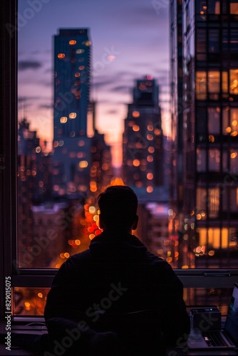 A man working on laptop against a twilight city backdrop