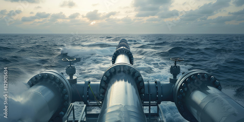 Closeup gas pipelines valves on the sea waters, gas or oil transportation. photo