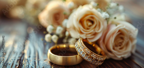 Two Wedding Rings Resting on Flowers