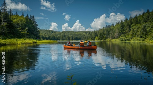 Two Red Canoes Floating on a Lake Surrounded by Trees