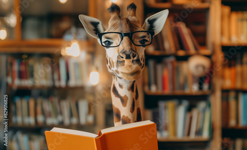 Giraffe wearing glasses reading an orange book in a cozy library with bookshelves and warm lighting. © zakiroff