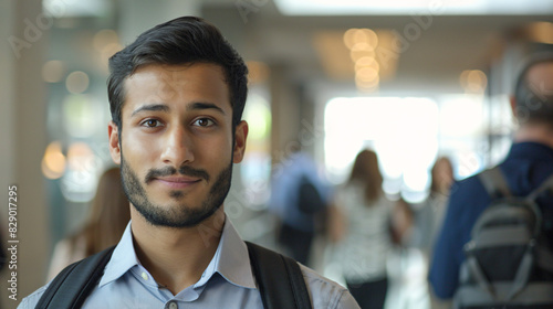 Confident young man in busy city setting. A portrait of a confident young man with a beard, wearing a backpack in a busy city environment.