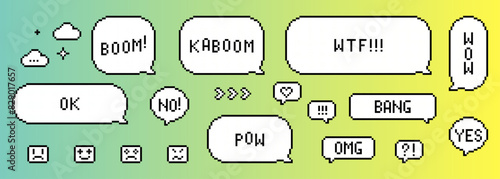 Set of pixel art speech bubbles. Balloon with text Pow, Wow, Yes, No, Boom, Omg, Kaboom, Bang. Pixel dialogue box collection. UI. 8-bit retro style vector illustration