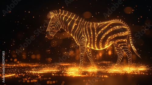 The bronze glow enhances the zebra silhouette against the black background, creating a striking contrast photo