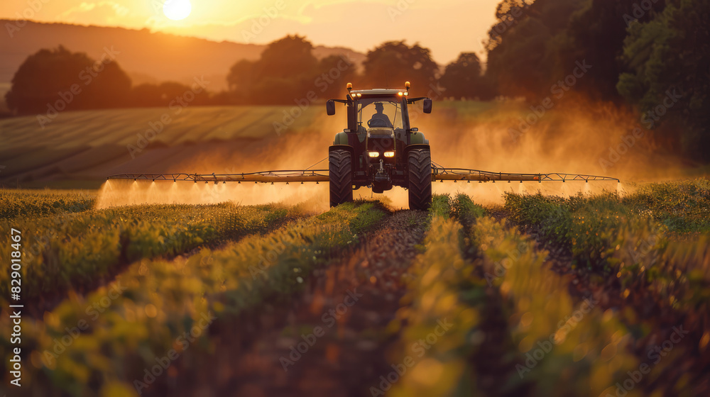 Fototapeta premium Modern Tractor Spraying Rural Farmland --style raw