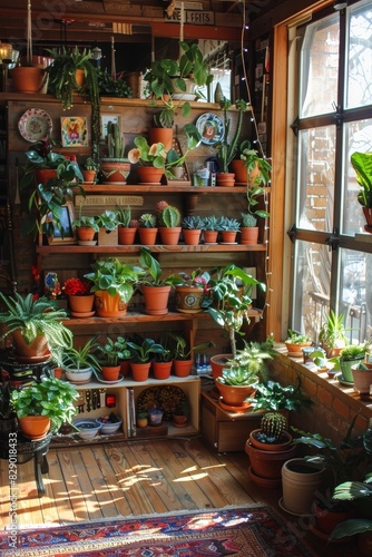  Shelves adorned with vibrant potted plants breathe life 