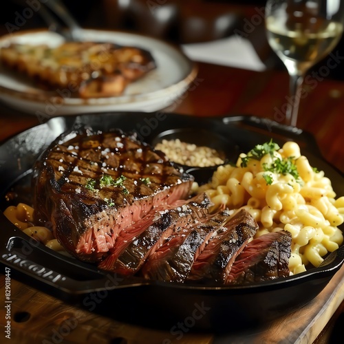 A delicious and juicy steak, cooked to perfection, is served with a side of creamy mac and cheese.