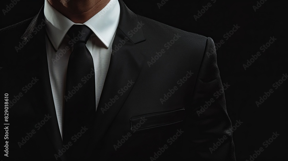 Close-up of a businessman in a black suit and necktie, presented against a black background with copy space for advertising Close-up of a businessman in a black suit and necktie, presented against a black background with copy space for advertising
