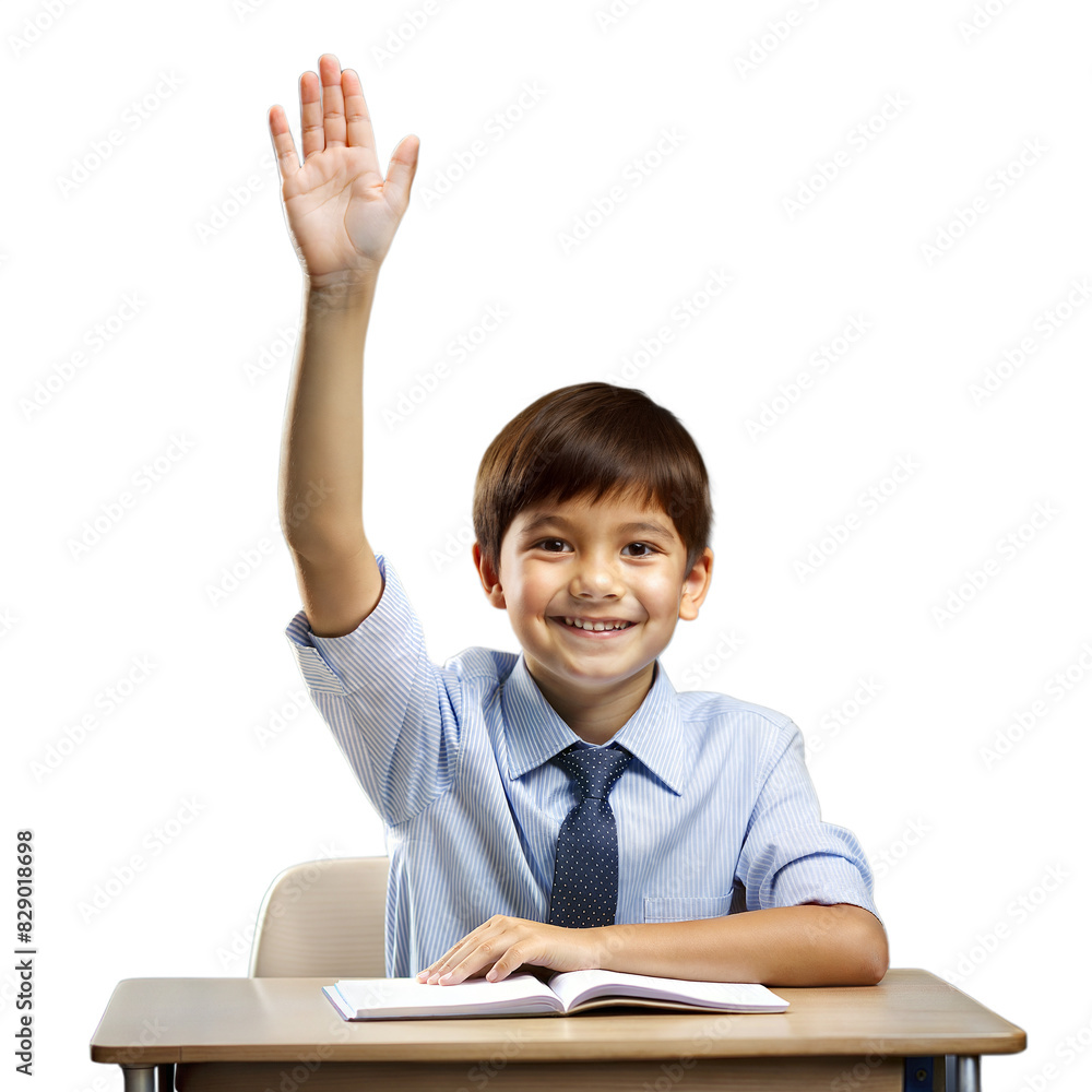 Smiling Young Boy Raising Hand Eagerly in Classroom Setting During School Hours Smiling Young Boy Raising Hand Eagerly in Classroom Setting During School Hours