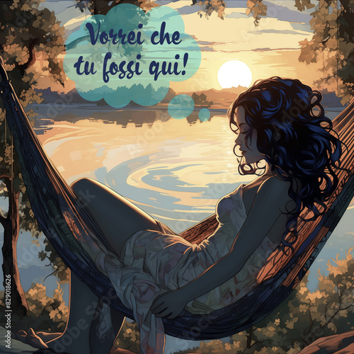 blue haired girl rests in a hammock by the lake at sunset,with thought bubble and 