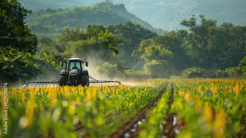 Modern Tractor Spraying Rural Farmland --style raw