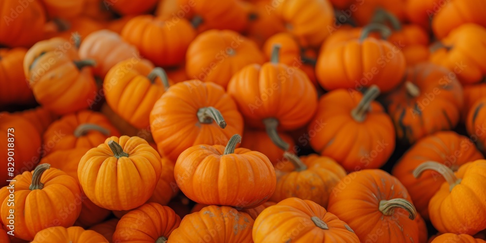 Close-up view showcasing the bright orange texture of a large group of pumpkins Close-up view showcasing the bright orange texture of a large group of pumpkins