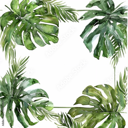 Monstera leaves and grass drawn in watercolor, white background photo