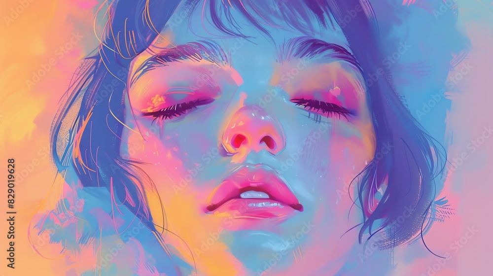 The face of a young woman with her eyes closed. Her face is turned slightly to the right. She has short hair. The background is a gradient of pink, blue, and purple. The face of a young woman with her eyes closed. Her face is turned slightly to the right. She has short hair. The background is a gradient of pink, blue, and purple.