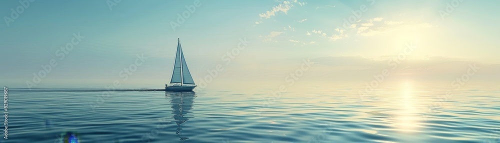 Fototapeta premium Serene lone sailboat on a reflective ocean expanse under a vast sky