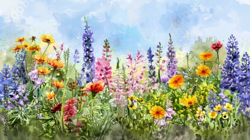 Bright Floral Watercolor Painting Displaying Colorful Spring Flowers In Bloom