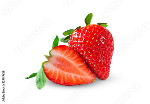Slices of cut ripe red strawberries close-up, on a white background.	