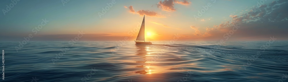 Serene lone sailboat on a reflective ocean expanse under a vast sky