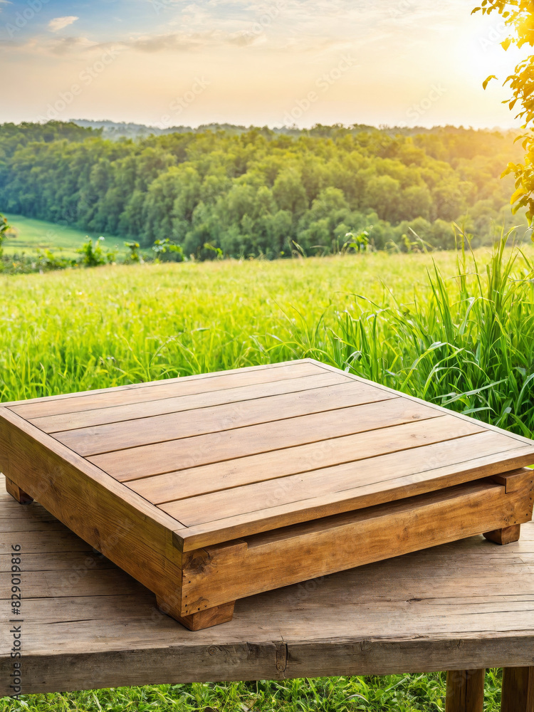 Fototapeta premium product display podium, Empty Wooden Table Product Podium, Farm wood nature field grocery table, product stand for green food, grass, Nature landscape, forest stump podium, morning sunlight farm, ad