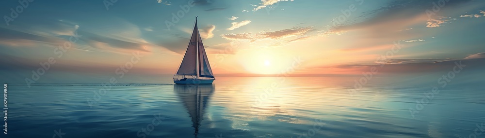 Serene lone sailboat on a reflective ocean expanse under a vast sky Serene lone sailboat on a reflective ocean expanse under a vast sky