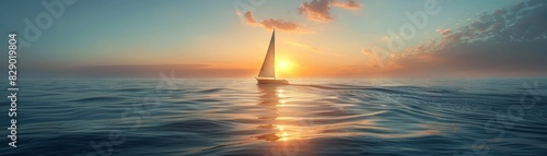 Serene lone sailboat on a reflective ocean expanse under a vast sky
