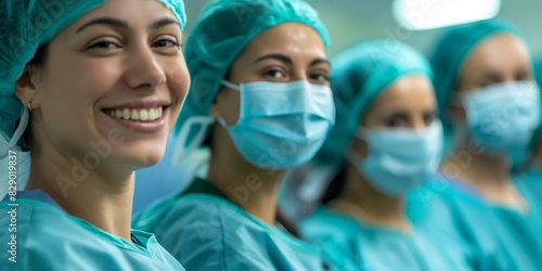 A group of medical professionals wearing blue scrubs and surgical masks posing for a portrait in a hospital setting © gunzexx png and bg