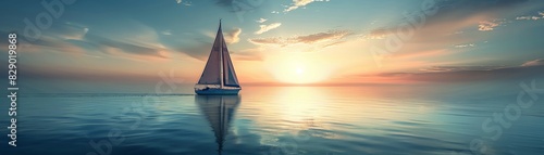 Serene lone sailboat on a reflective ocean expanse under a vast sky