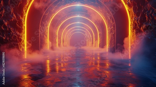 Long Hallway With Red and Pink Neon Lights