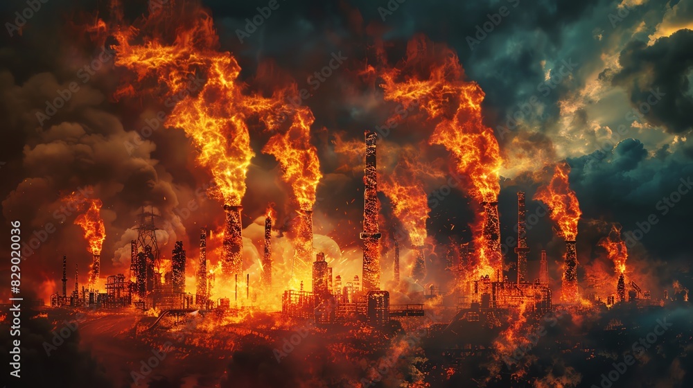 The photo shows a post-apocalyptic landscape with a burning city. The photo shows a post-apocalyptic landscape with a burning city.