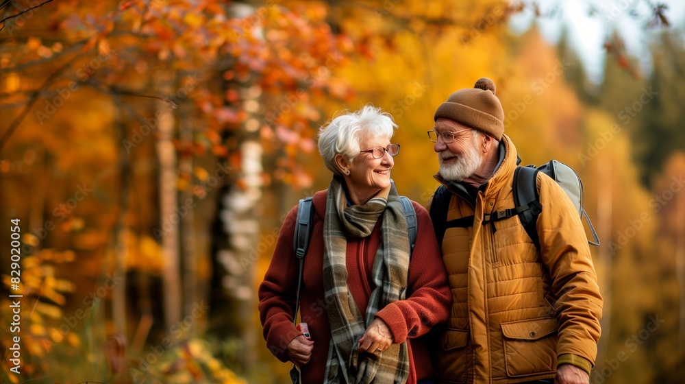 Elderly Couple Enjoying Autumn Nature Walk