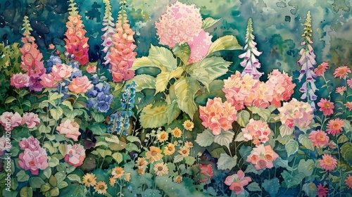 Bright Floral Watercolor Painting Displaying Colorful Spring Flowers In Bloom