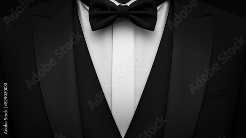 Template a men's black smoking suit with a necktie,  blank background for VIP parties, weddings, or fashion and corporate events. Depicts a tuxedo with a black bow and a white shirt