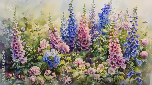 Bright Floral Watercolor Painting Displaying Colorful Spring Flowers In Bloom