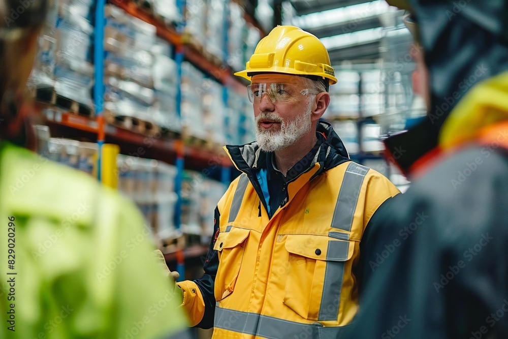 Portrait of senior male Caucasian inspector instructing distribution personnel wearing safety gear in warehouse. Portrait of senior male Caucasian inspector instructing distribution personnel wearing safety gear in warehouse.