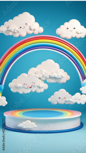 baby and kids product toy podium, kid and children display banner with clouds, toy advertisement, rainbow studio, ad, product presentation space, showcase podium