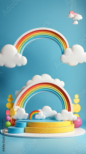 baby and kids product toy podium  kid and children display banner with clouds  toy advertisement  rainbow studio  ad  product presentation space  showcase podium