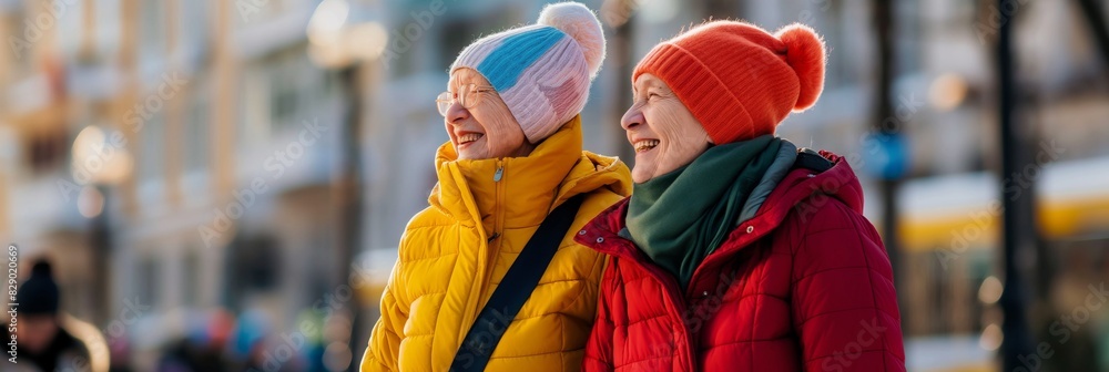 Faces blurred out in an image showing two individuals in vibrant winter attire